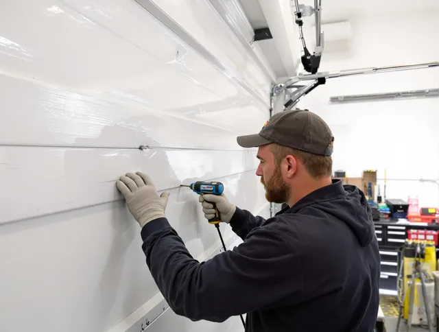 Killingly Garage Door Repair technician demonstrating precision dent removal techniques on a Killingly garage door